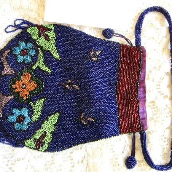 seed-bead Victorian antique handbag in radiant navy with florals ... hand-stitch - Picture 2 of 13